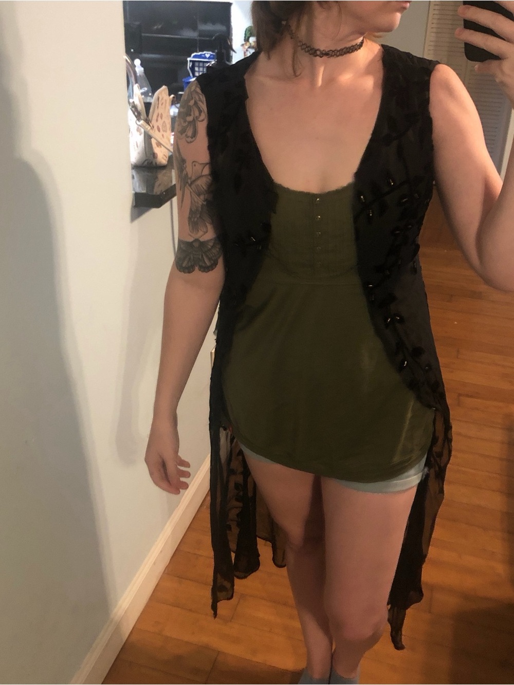 Sheer Black Embellished Long Vest- Layering Statement